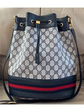 Authentic Vintage Gucci Ophidia Web Monogram Canvas Navy Leather Bucket Bag